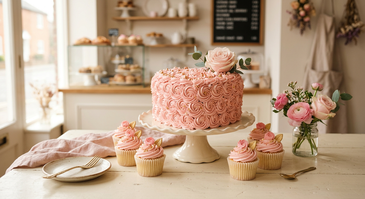 Torta corazón rosa con cupcakes artesanales